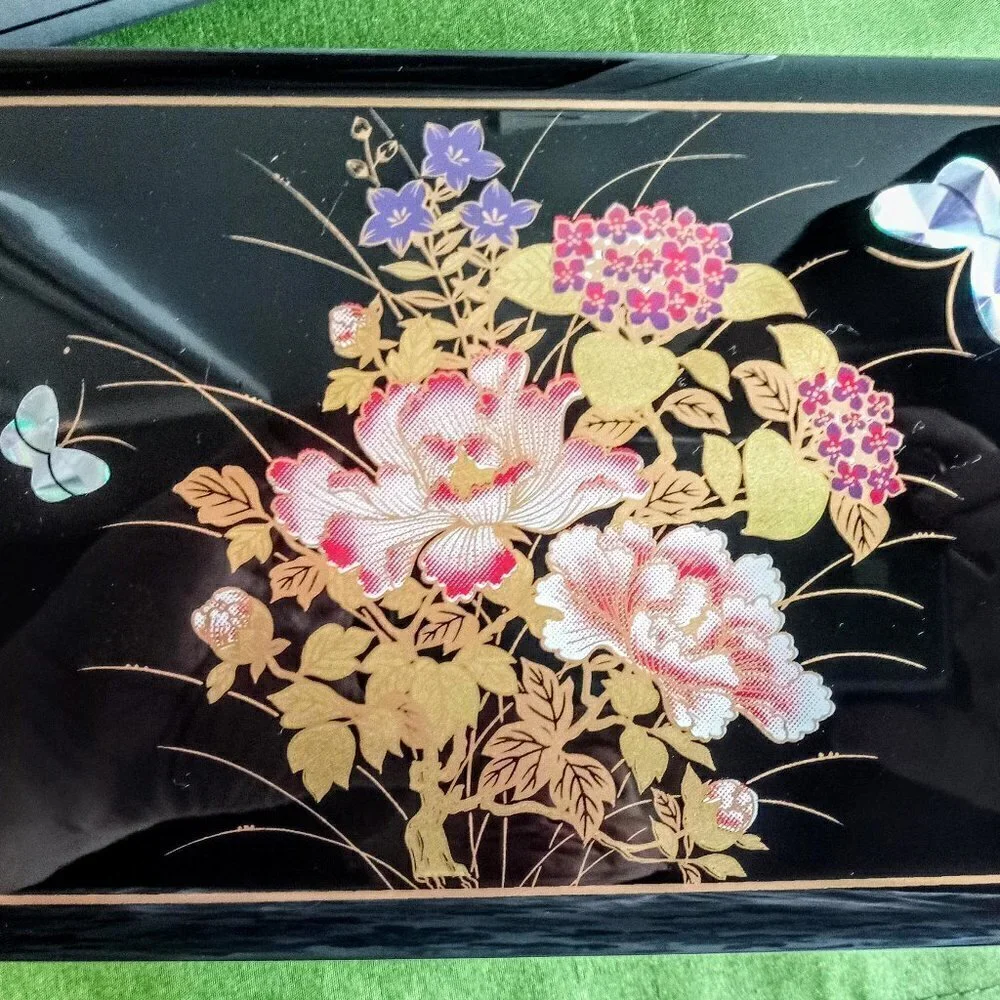 Vintage Japanese Black Lacquer Musical Jewelry Box NIB